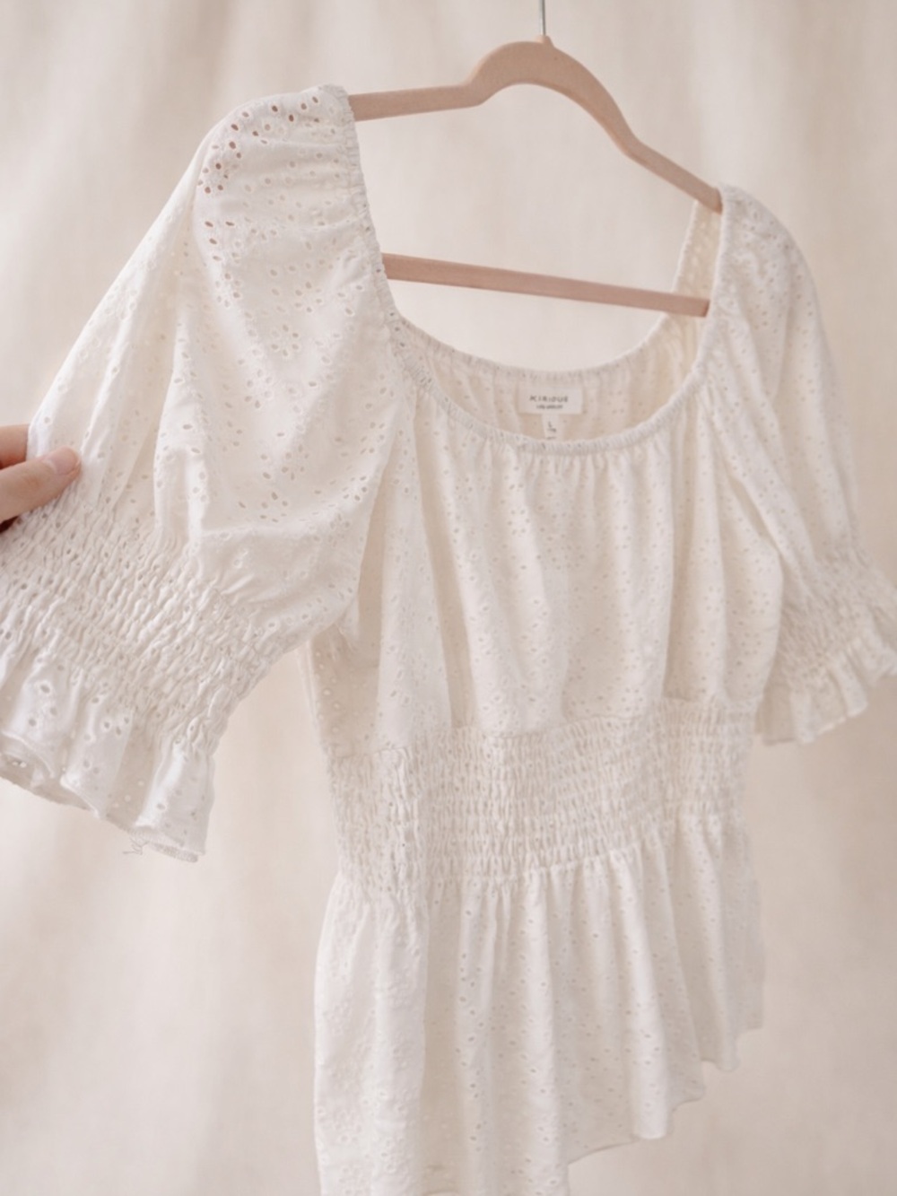 KIRIOUS Los Angeles Eyelet Smocked Peplum Blouse | Size L - Picture 3 of 6